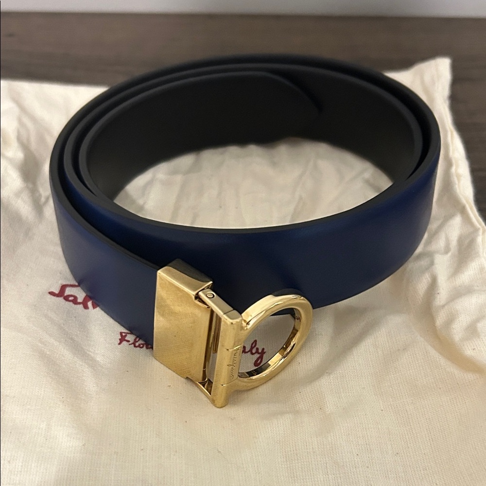 Salvatore Ferragamo Navy/black Belt with Gold Buckle